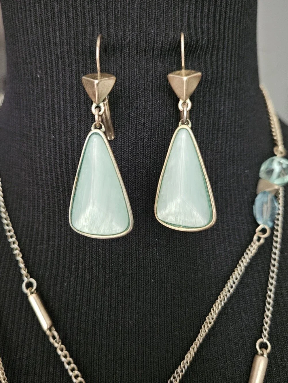 Vintage Kenneth Cole Multi-Layer Chain Necklace and Earrings Set Sea Foam Green
